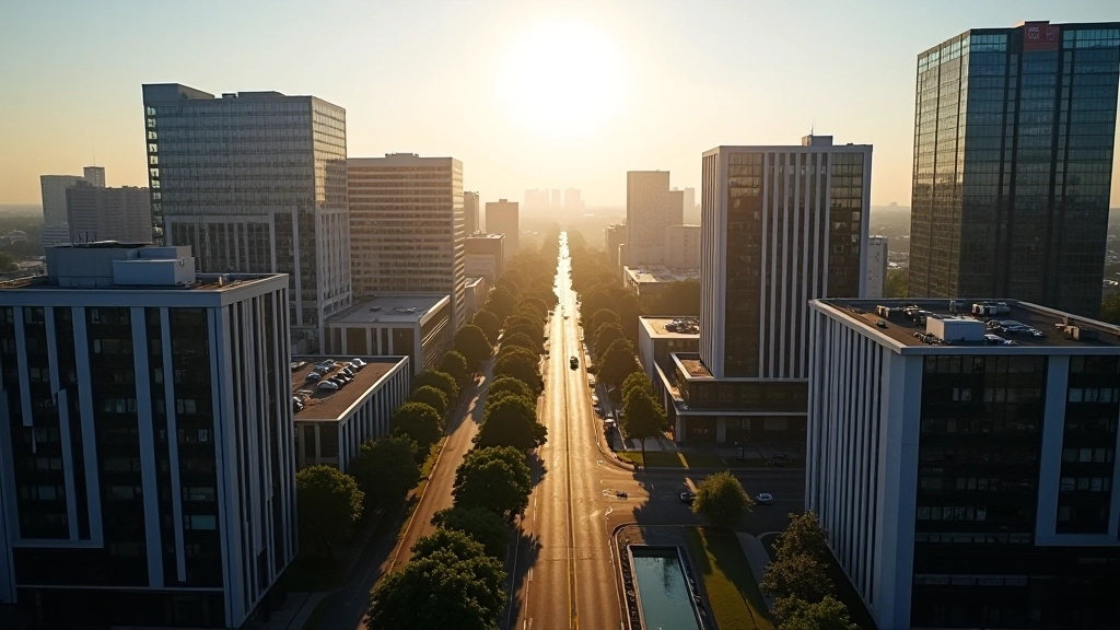 Vue d'une zone économique moderne à Rennes avec bâtiments d'entreprises et bureaux